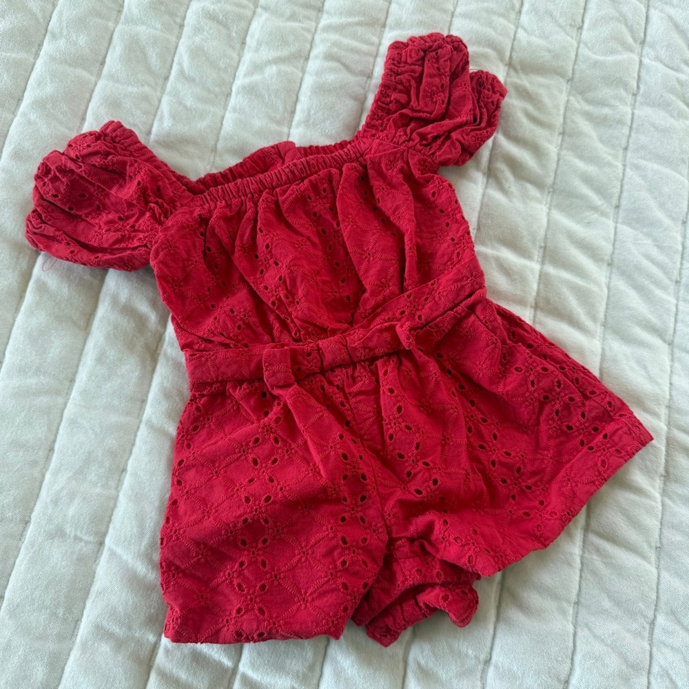 Janie and Jack red girls eyelet bow romper puff sleeves size 3-6M - Picture 2 of 5